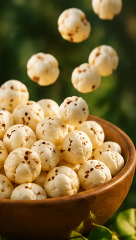 Makhana falling into a wooden bowl