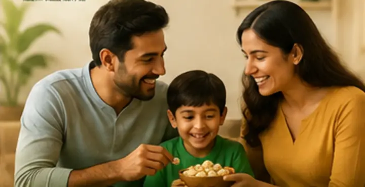 Family sharing makhana on the sofa