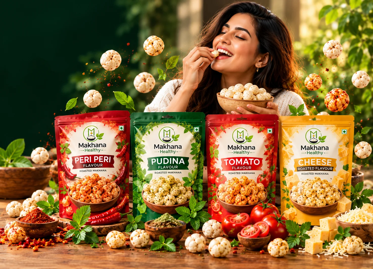 Woman enjoying roasted makhana with Makhana Healthy peri peri, pudina, tomato and cheese pouches